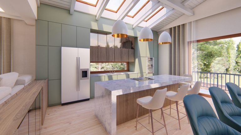 Családi ház tervezés konyha függönnyel