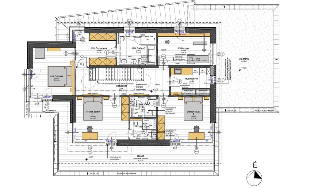 Modern családi ház látványterve fehér vakolt felület, trespa burkolat, emeleti alaprajz