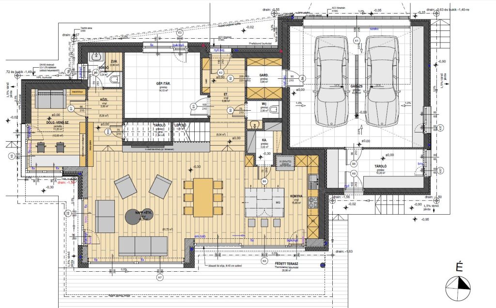 Modern családi ház látványterve fehér vakolt felület, trespa burkolat, földszinti alaprajz