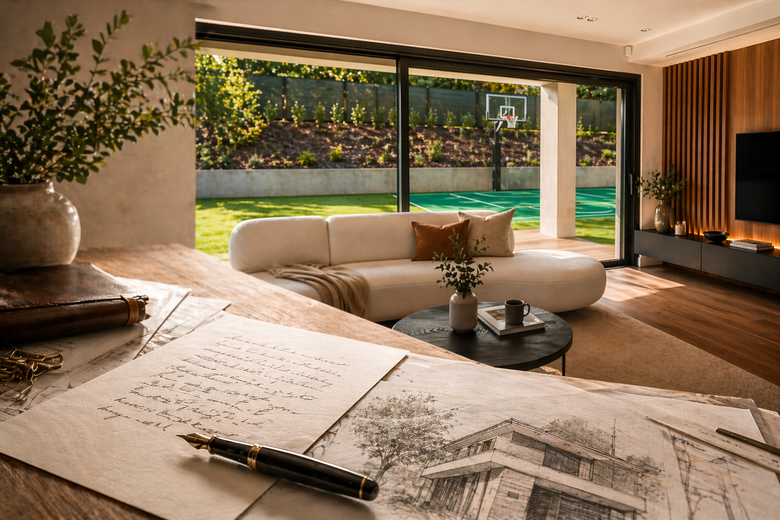 Nappali irosaztallal levéllel családi ház tervezés folyamata kiviteli terv és ügyfél visszajelzés