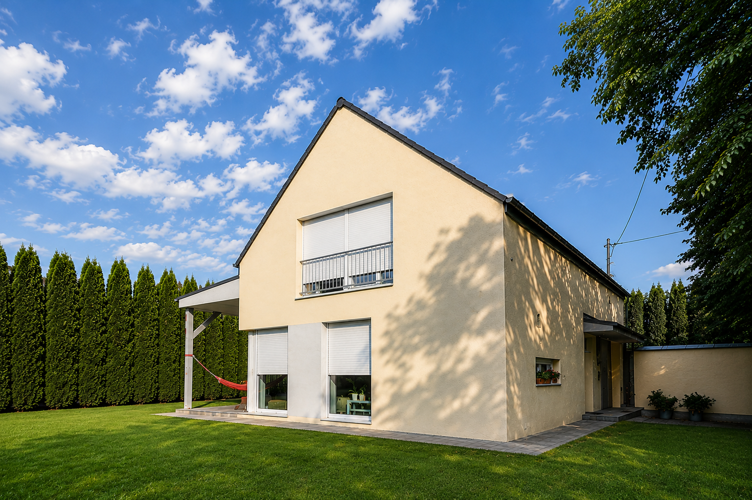 Kis családi ház tervezése 365 m²-es telken – modern, kétszintes családi ház nagy kertkapcsolattal és energiatakarékos kialakítással.