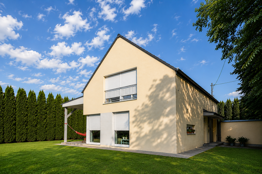 Kis családi ház tervezése 365 m²-es telken – modern, kétszintes családi ház nagy kertkapcsolattal és energiatakarékos kialakítással.