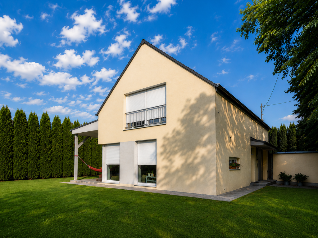 Kis családi ház tervezése 365 m²-es telken – modern, kétszintes családi ház nagy kertkapcsolattal és energiatakarékos kialakítással.