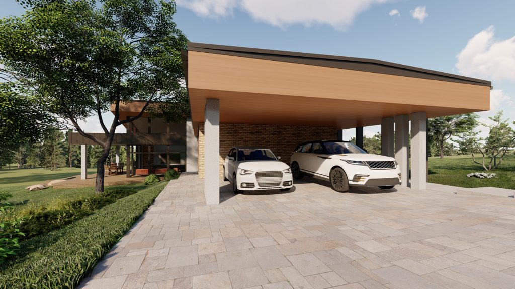 Szinteltolásos családi ház Érden, gépkocsibeálló.