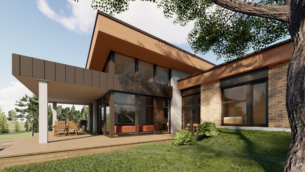 Szinteltolásos családi ház Érden, udvari homlokzat.