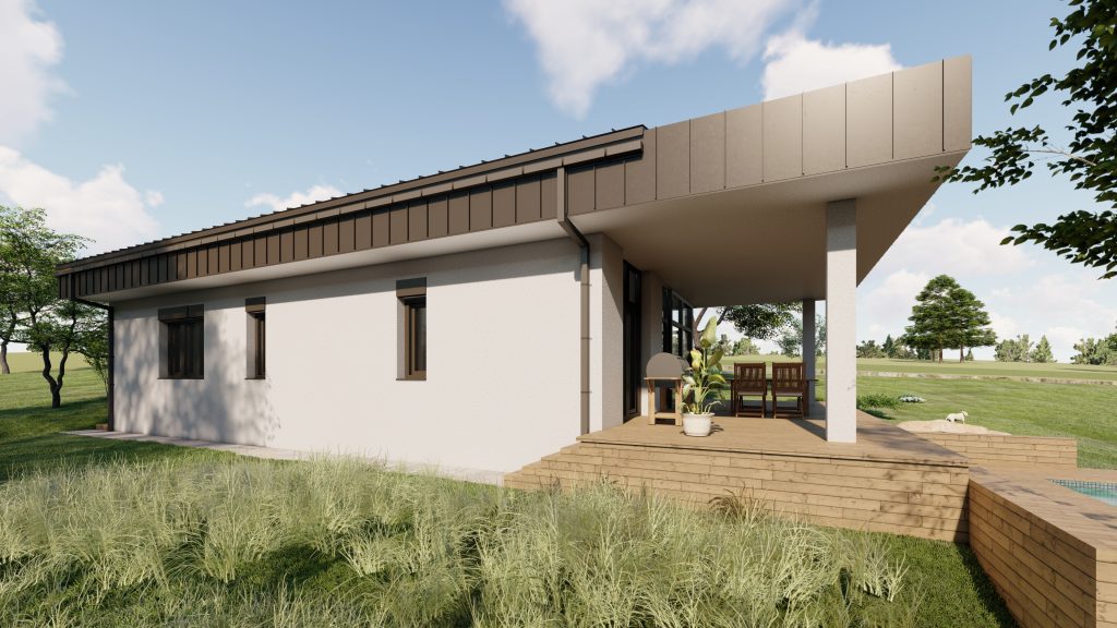 Szinteltolásos családi ház Érden, terasz és hátsó homlokzat.