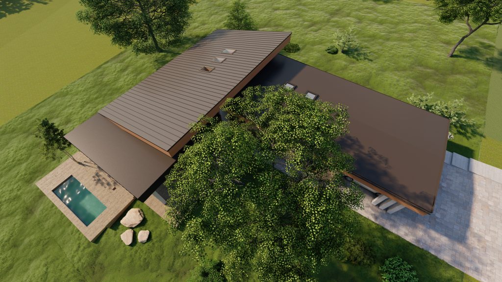 Szinteltolásos családi ház Érden, tetőfelülnézet.