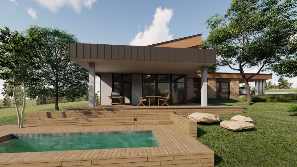 Szinteltolásos családi ház Érden, terasz és medence.