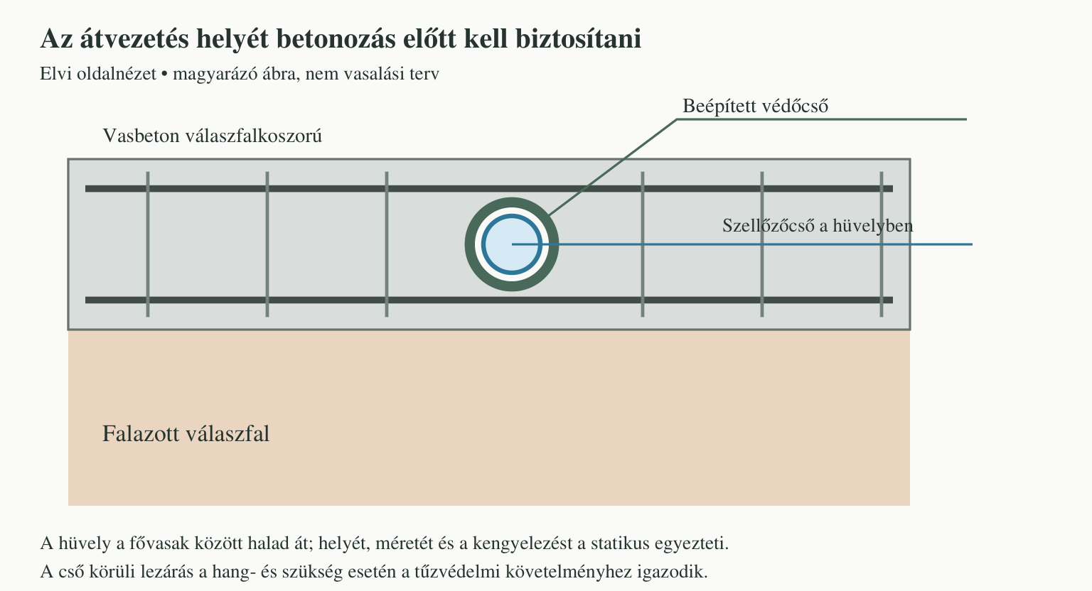 Elvi ábra: a szellőzőcső a válaszfalkoszorúba előre beépített védőcsövön halad át.