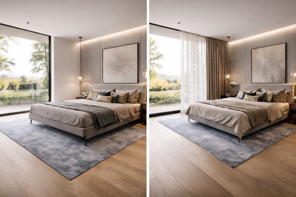 Hálószoba függönnyel és függöny nélkül