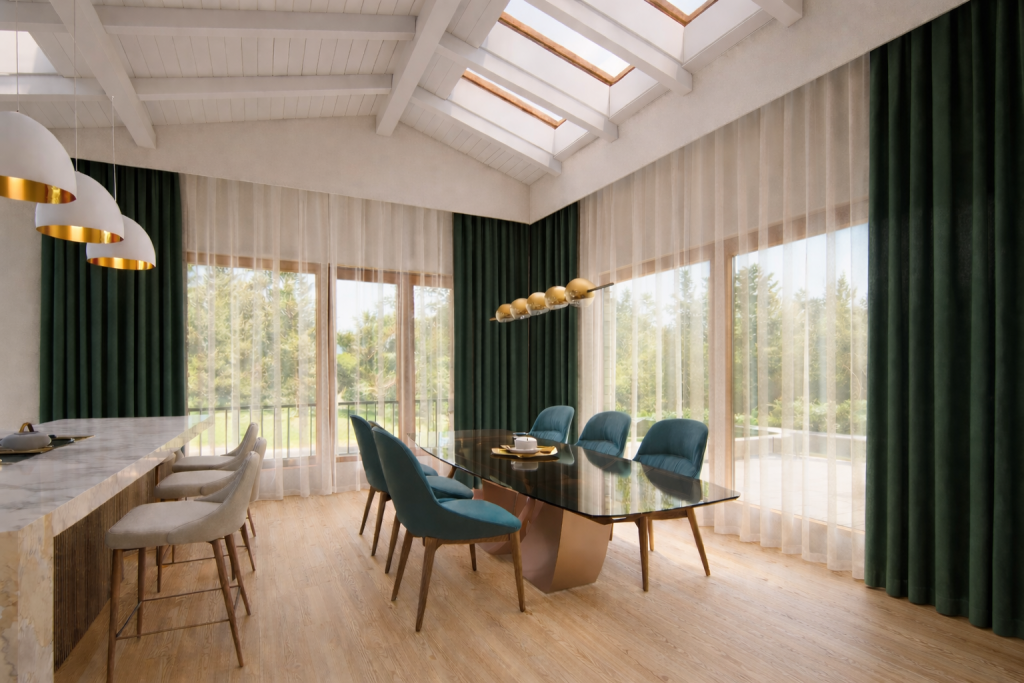 Nagy légterű családi ház étkező sok függönnyel