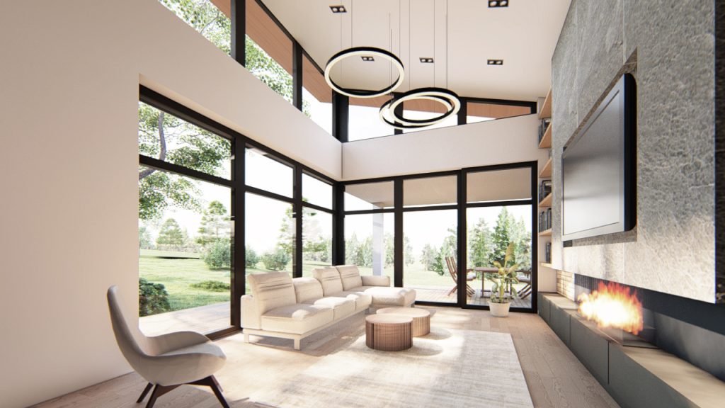 kertre néző nappali, nagy belmagasság, ovális modern függőlámpák középen