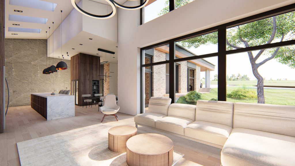 kertre néző nappali, kerek dohányzóasztalok, héttérben a konyha munkapulttal