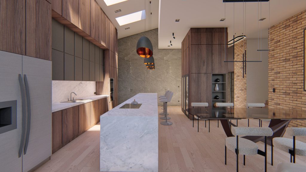 amerikai konyhás étkező, felülvilágítóval, dió furnér konyhabútor