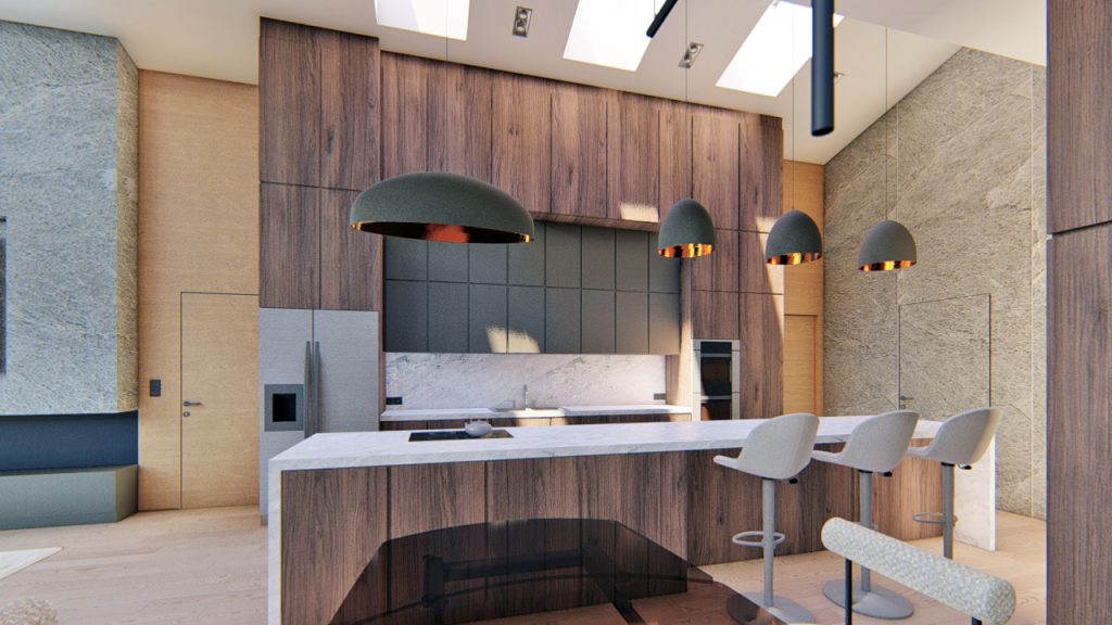 modern konyha, márvány munkapulttal, függőlámpákkal