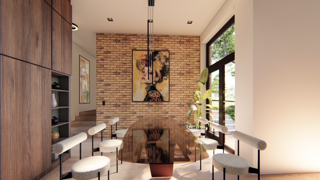 étkező beépített dió furnér burkolat, tégla falas burkolat