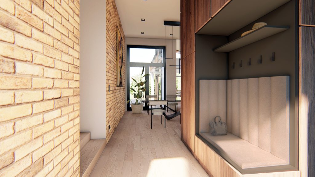 előszoba, tégla falburkolattal, dió furnér burkolat