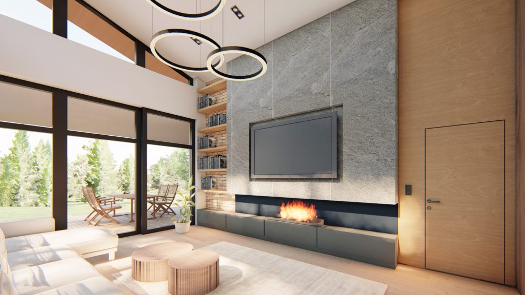 nagy, tágas nappali, etil kandallóval, szürke kőburkolat