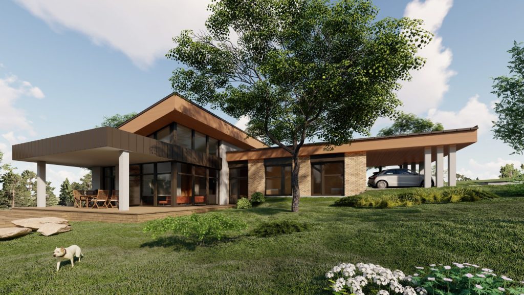 külső látvány, kert fele néző homlokzat, fedett kinyúló terasz, kívül téglaburkolat