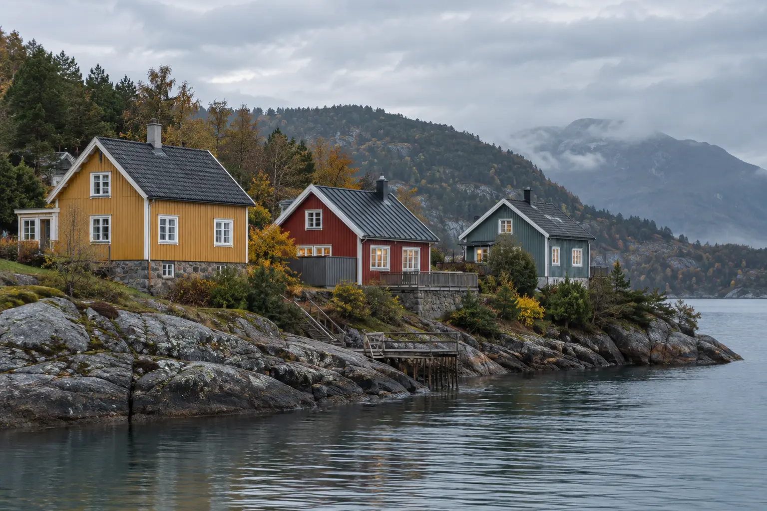 Okker vörös és kékeszöld norvég faházak egy fjord sziklás partján